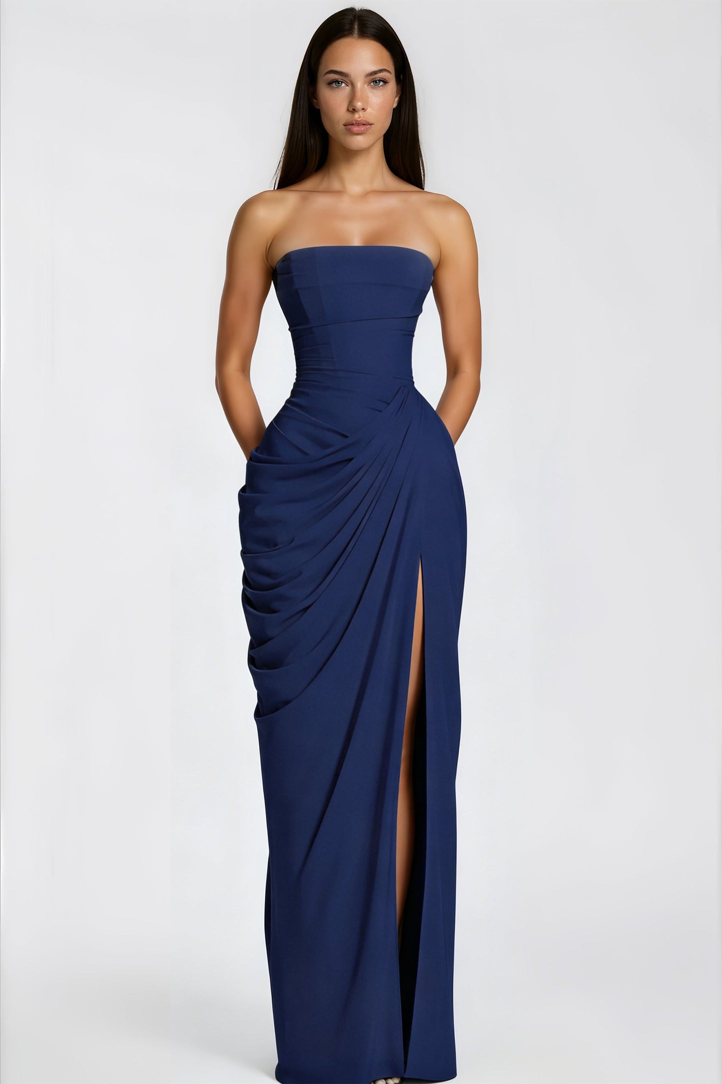 Strapless Draped High-Slit Maxi Dress