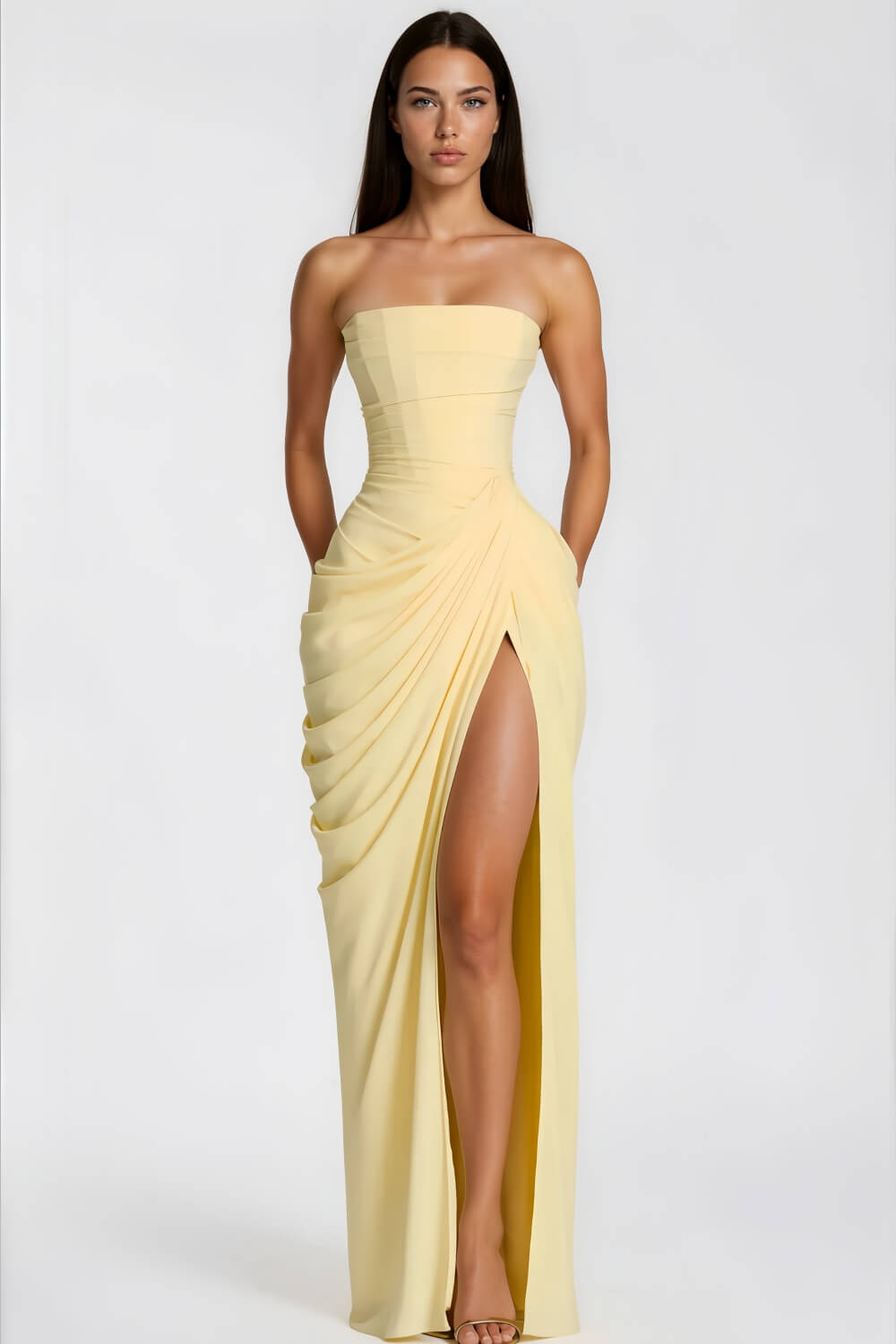 Strapless Draped High-Slit Maxi Dress