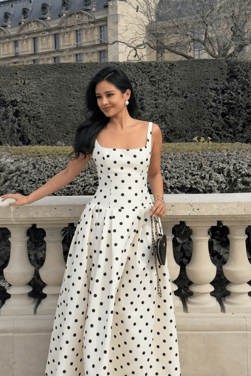 Madeleine Polka Dot Square Neck A-Line Midi Dress