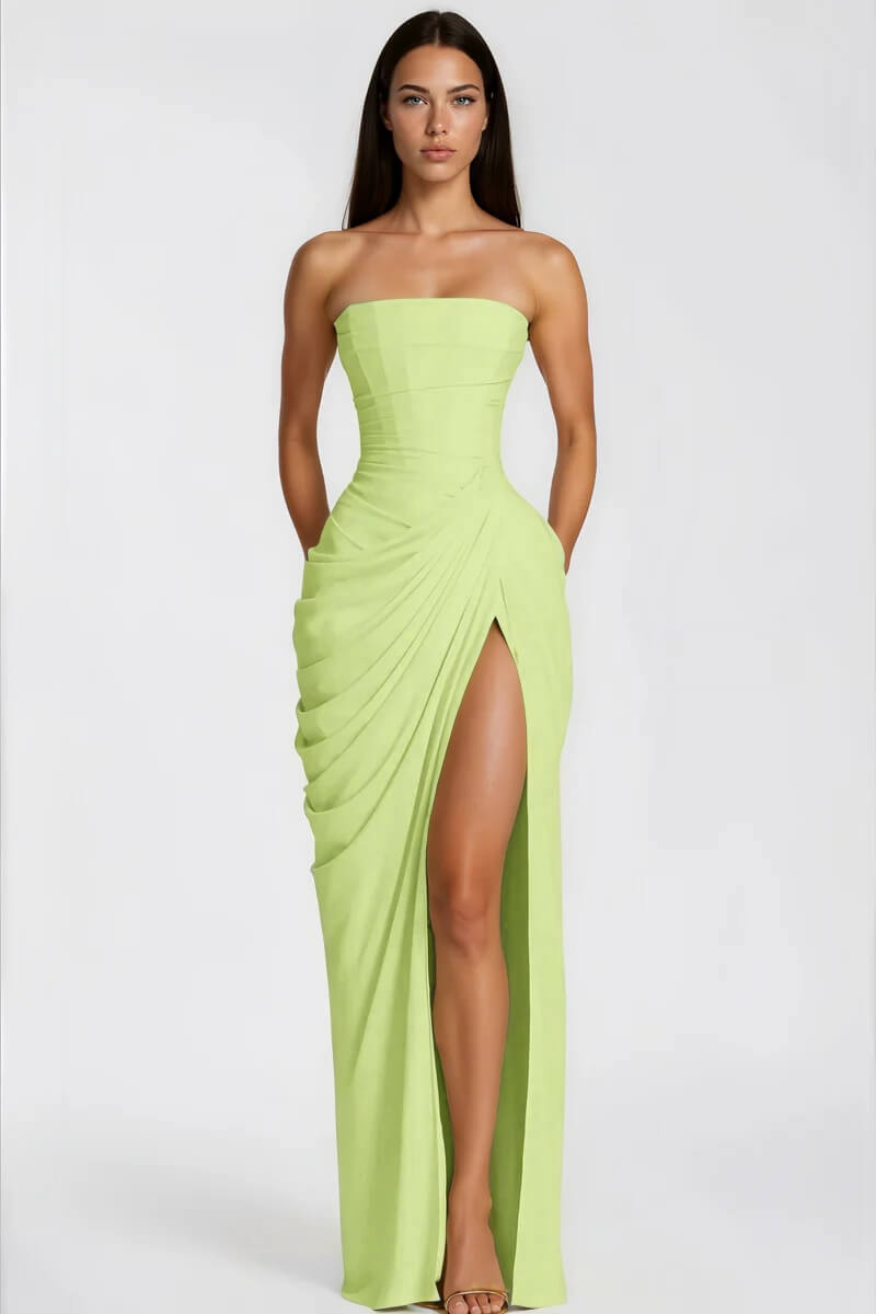 Strapless Draped High-Slit Maxi Dress