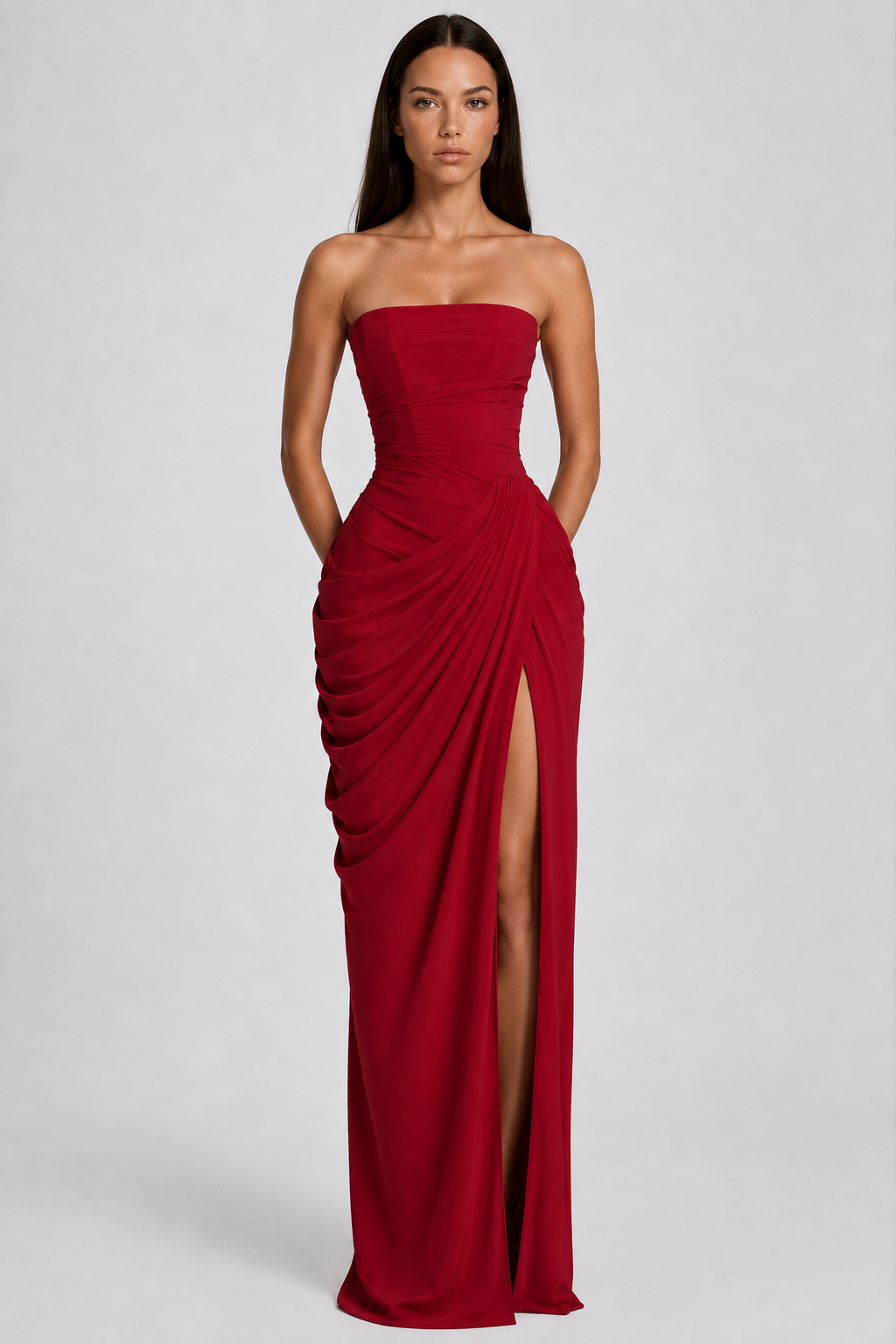 Strapless Draped High-Slit Maxi Dress