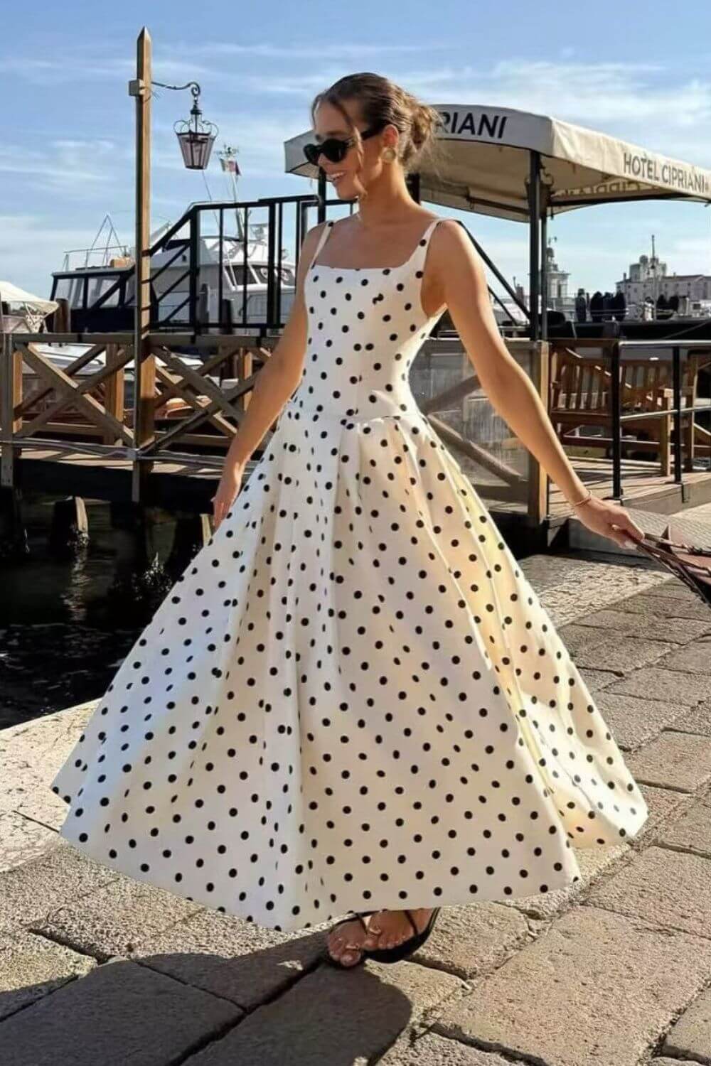 Madeleine Polka Dot Square Neck A-Line Midi Dress