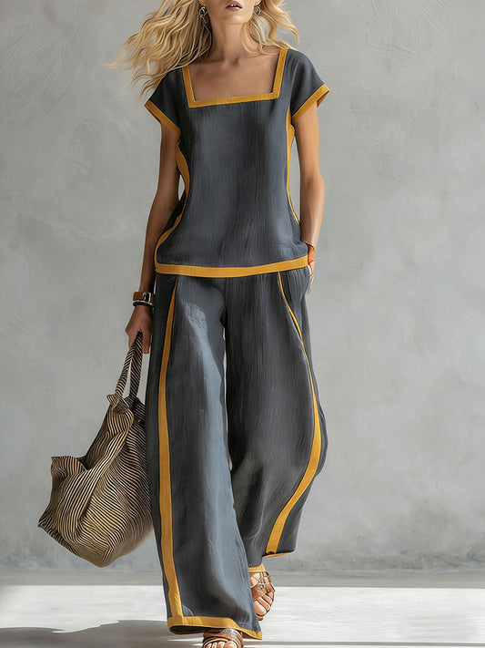 Women's Square Neck Short Sleeve Casual Loose Top High Waist Casual Loose Wide Leg Pants Cotton Linen Set