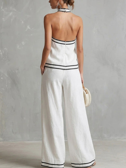 Women's Stand-up Collar Sleeveless Casual Loose Cotton And Linen Top With Elastic Waist And Wide-leg Pants Cotton And Linen Set