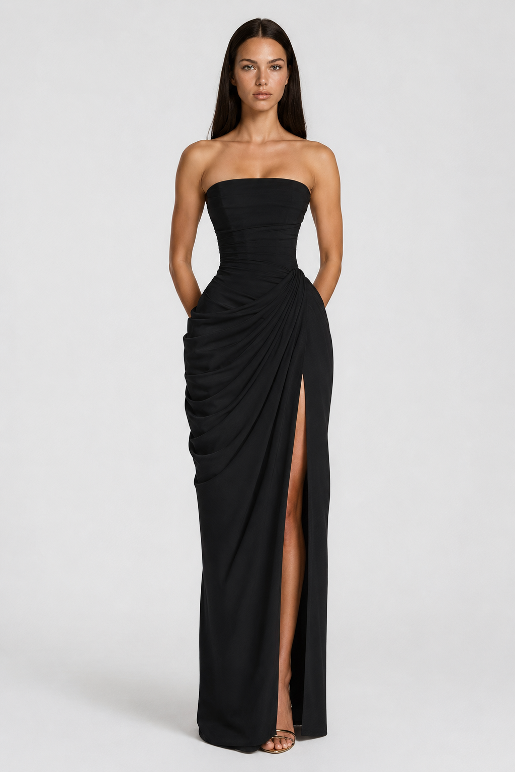 Strapless Draped High-Slit Maxi Dress