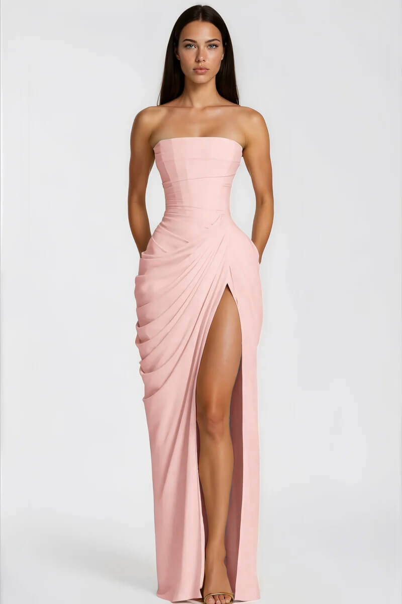 Strapless Draped High-Slit Maxi Dress