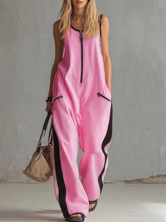 Women's Round Neck Sleeveless Casual Loose-fitting Cotton Wide-leg Jumpsuit