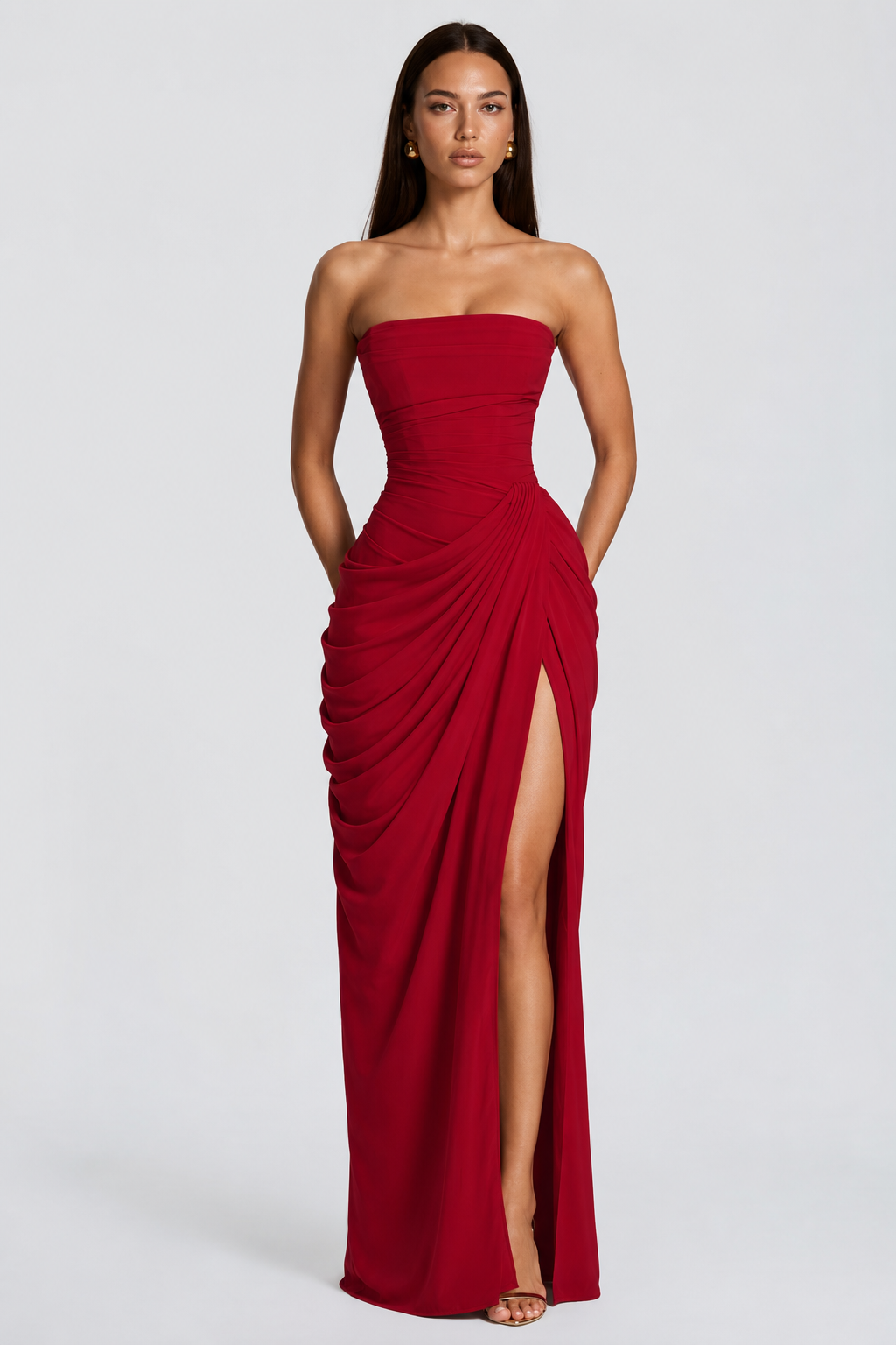 Strapless Draped High-Slit Maxi Dress