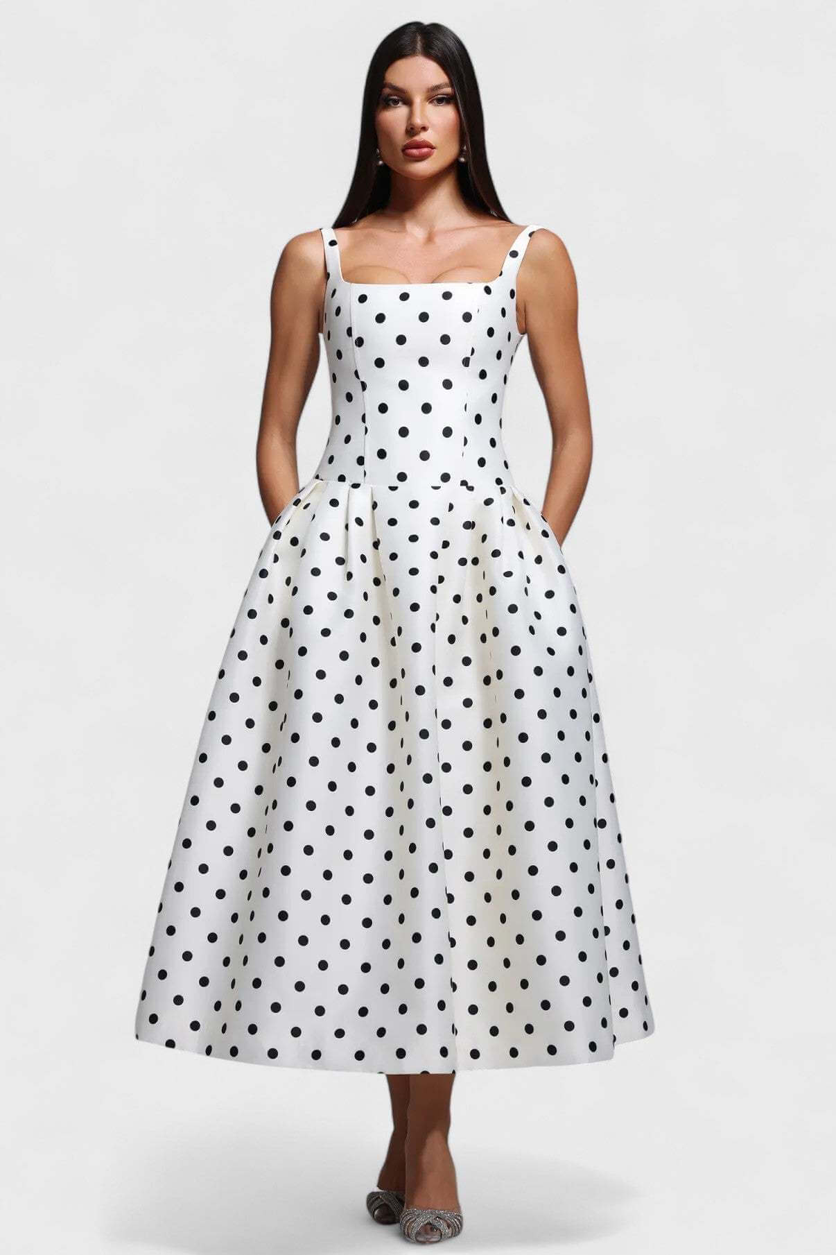 Madeleine Polka Dot Square Neck A-Line Midi Dress