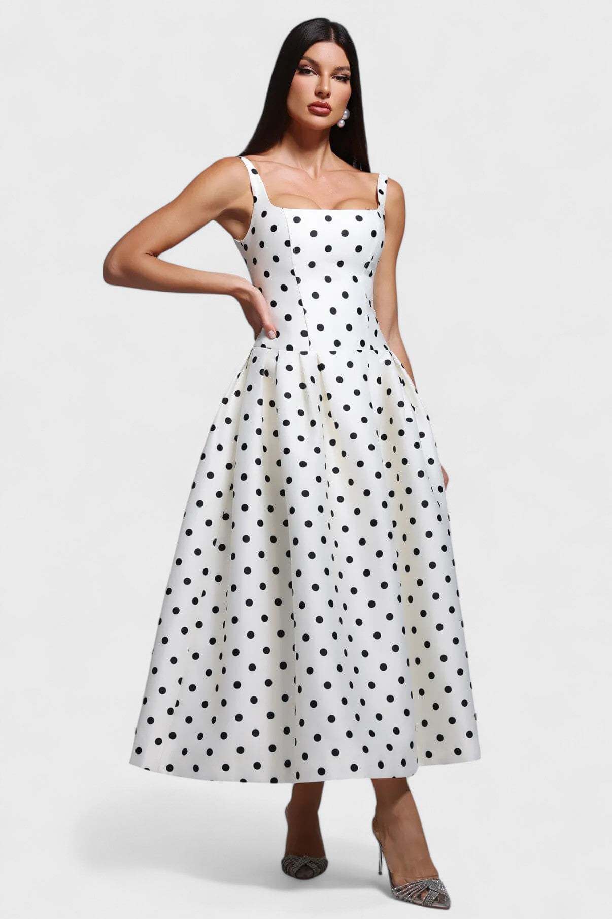 Madeleine Polka Dot Square Neck A-Line Midi Dress