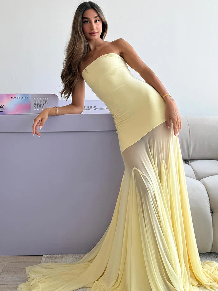 Aimée Strapless Mesh Tulle Maxi Dress