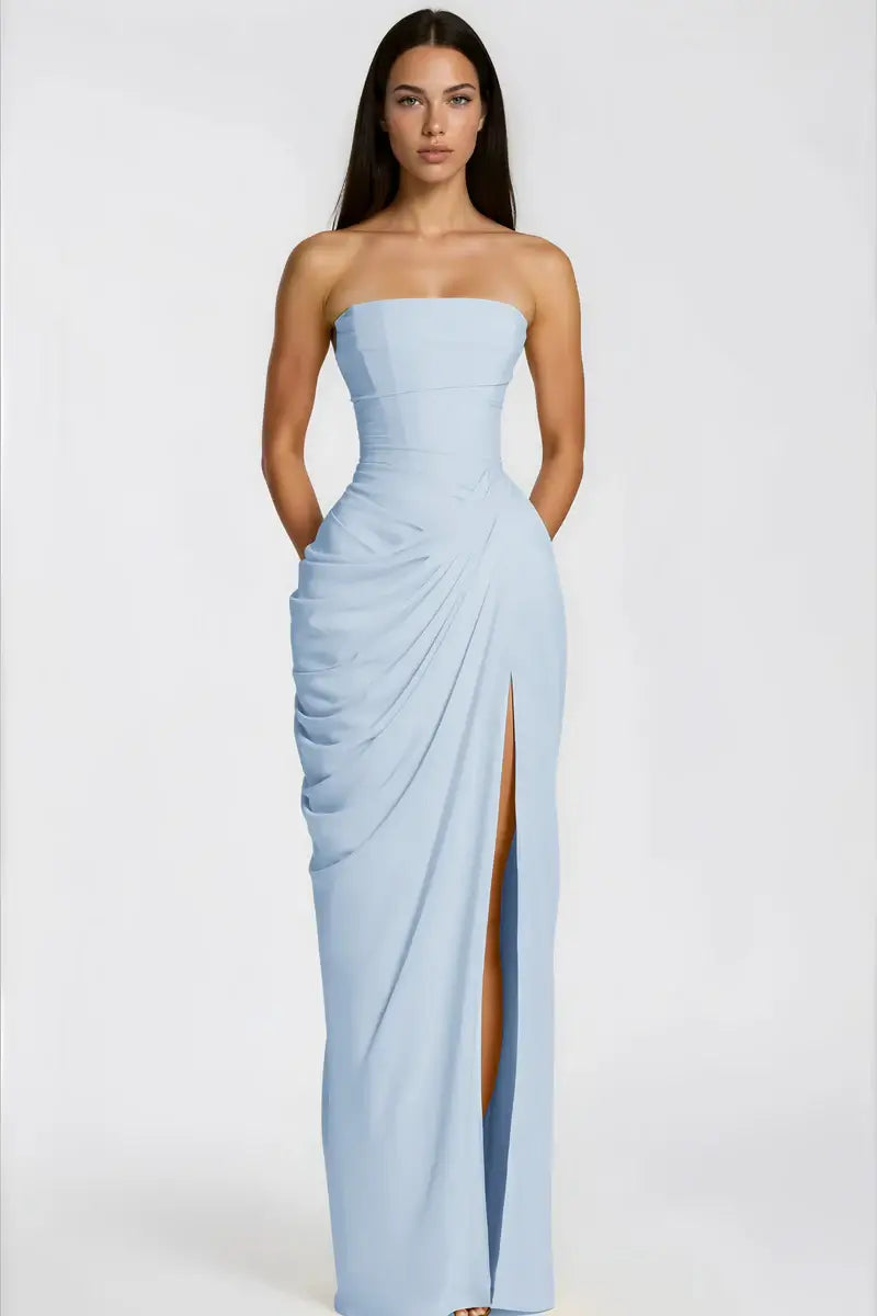 Strapless Draped High-Slit Maxi Dress