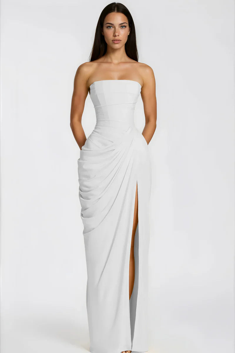 Strapless Draped High-Slit Maxi Dress