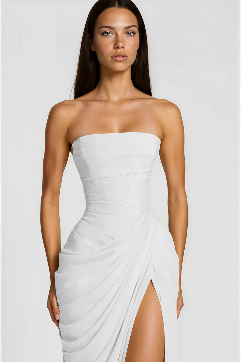 Strapless Draped High-Slit Maxi Dress