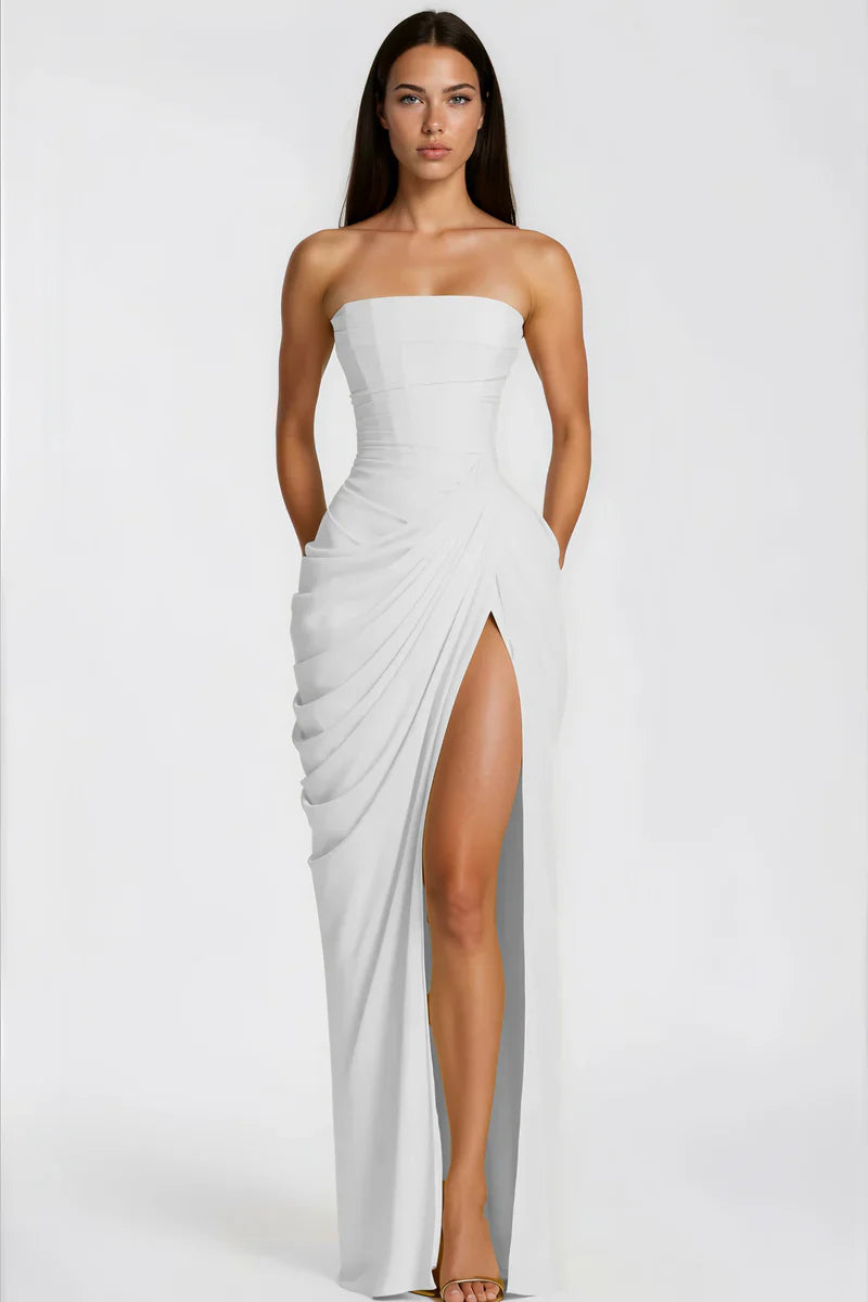 Strapless Draped High-Slit Maxi Dress