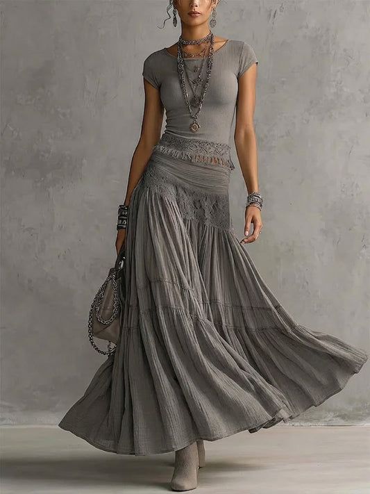 Casual Bohemian Short-sleeve T-shirt And Skirt Two-piece Set