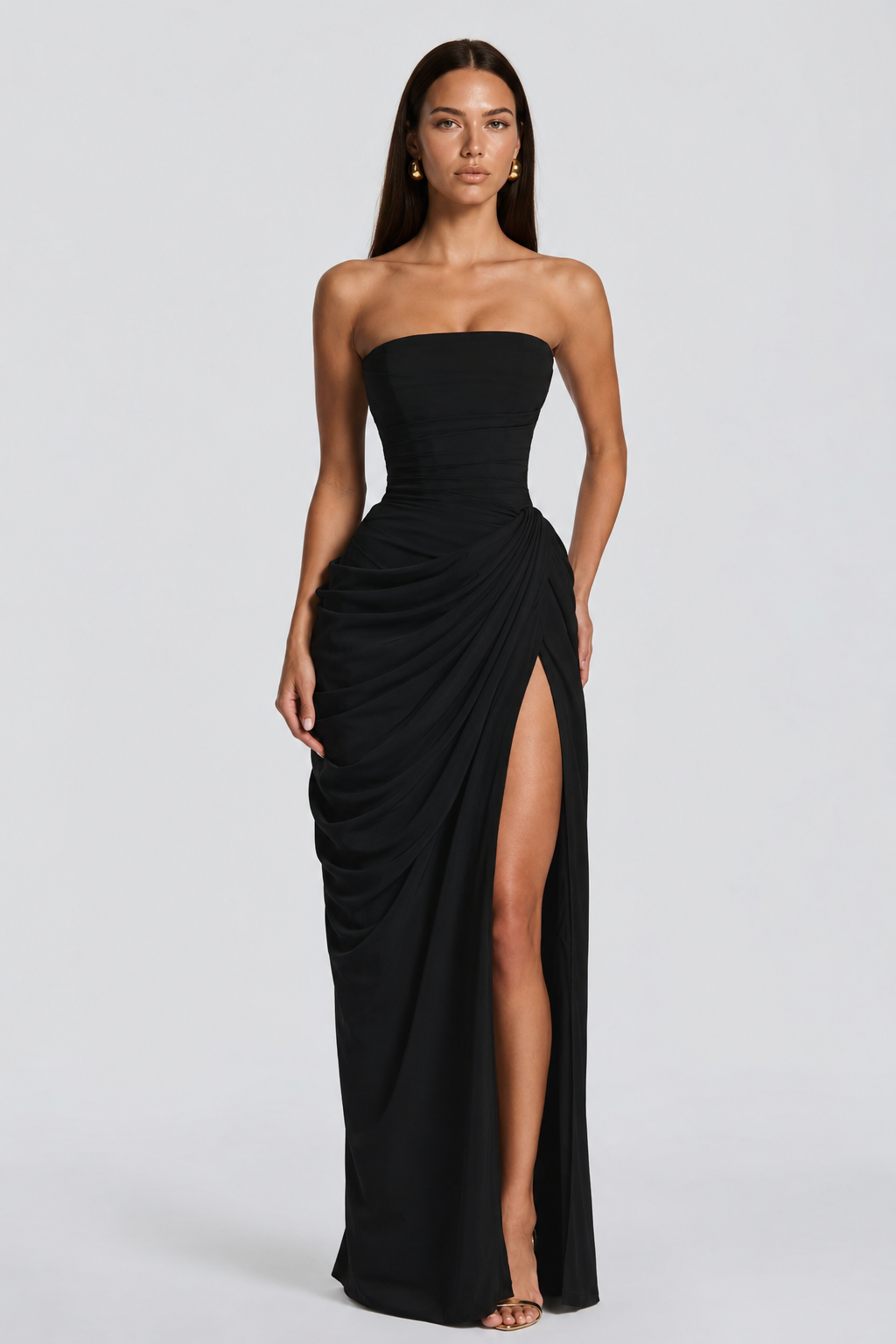 Strapless Draped High-Slit Maxi Dress